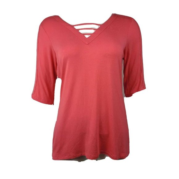 Cable & Gauge Top Womens Size L Large Solid All Pink Cold Shouder V Neck - Picture 1 of 7